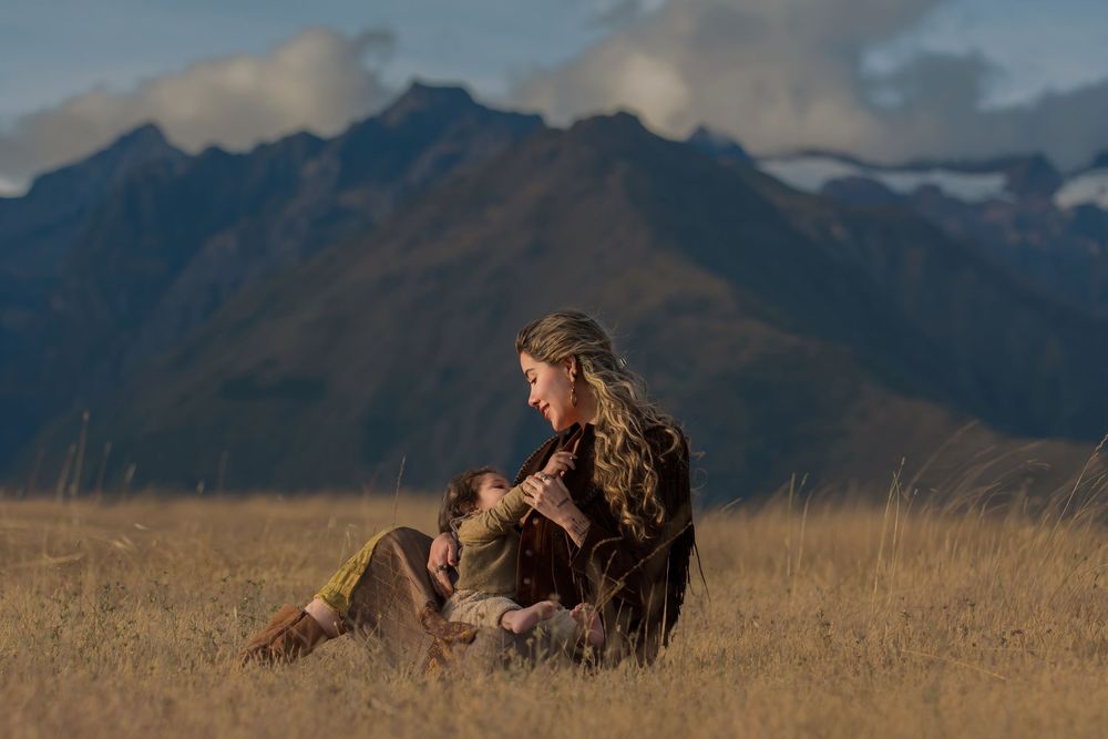 A series of panoramic landscape photos showing a person with a horse in golden grasslands against mountain backdrops.