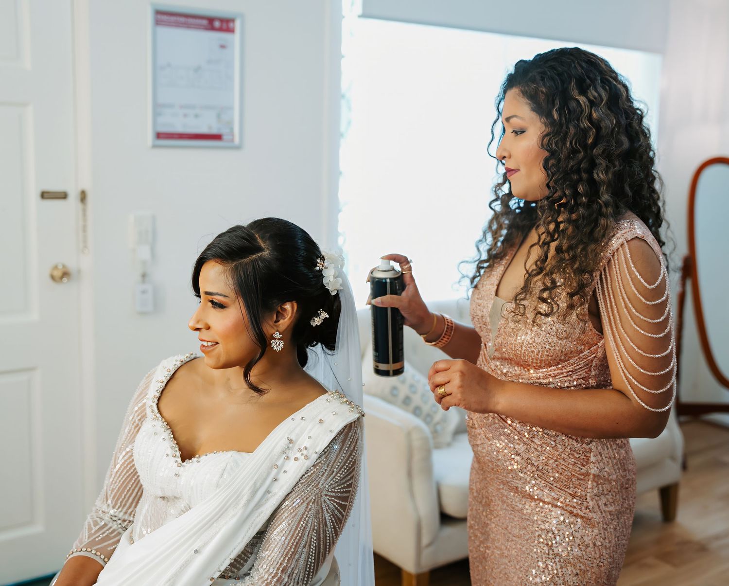 People getting ready for a wedding celebration in a rose gold and white color scheme are captured in a photo collage sequence.