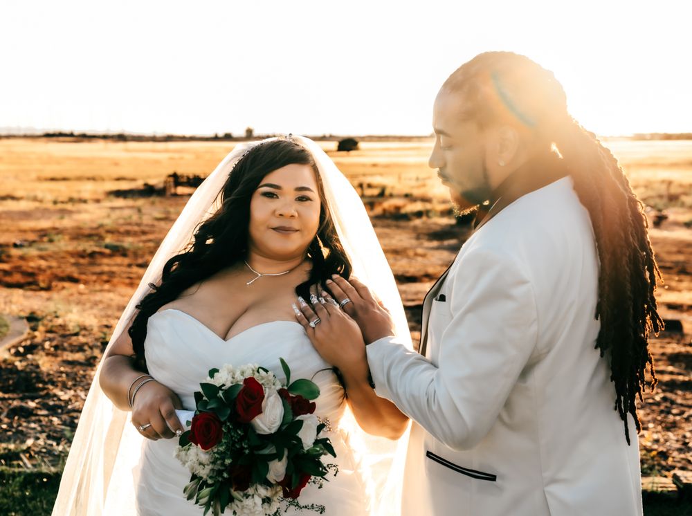 A romantic wedding photography collage showing couples embracing during golden hour sunset in an outdoor setting.