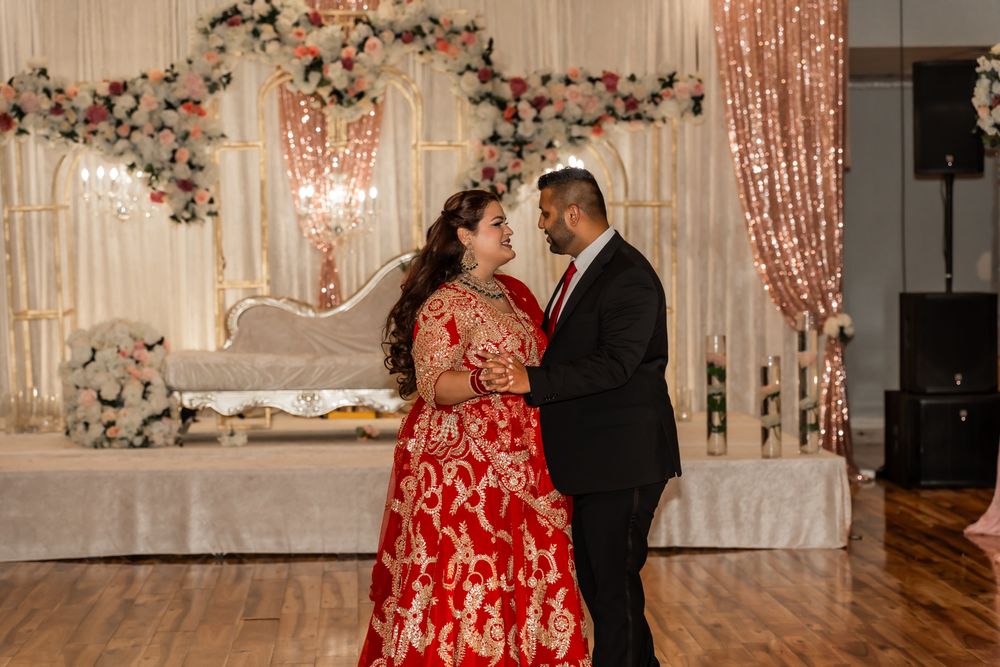 Collage of newlyweds celebrating at a reception with elegant red floral decor and sparkling chandeliers.