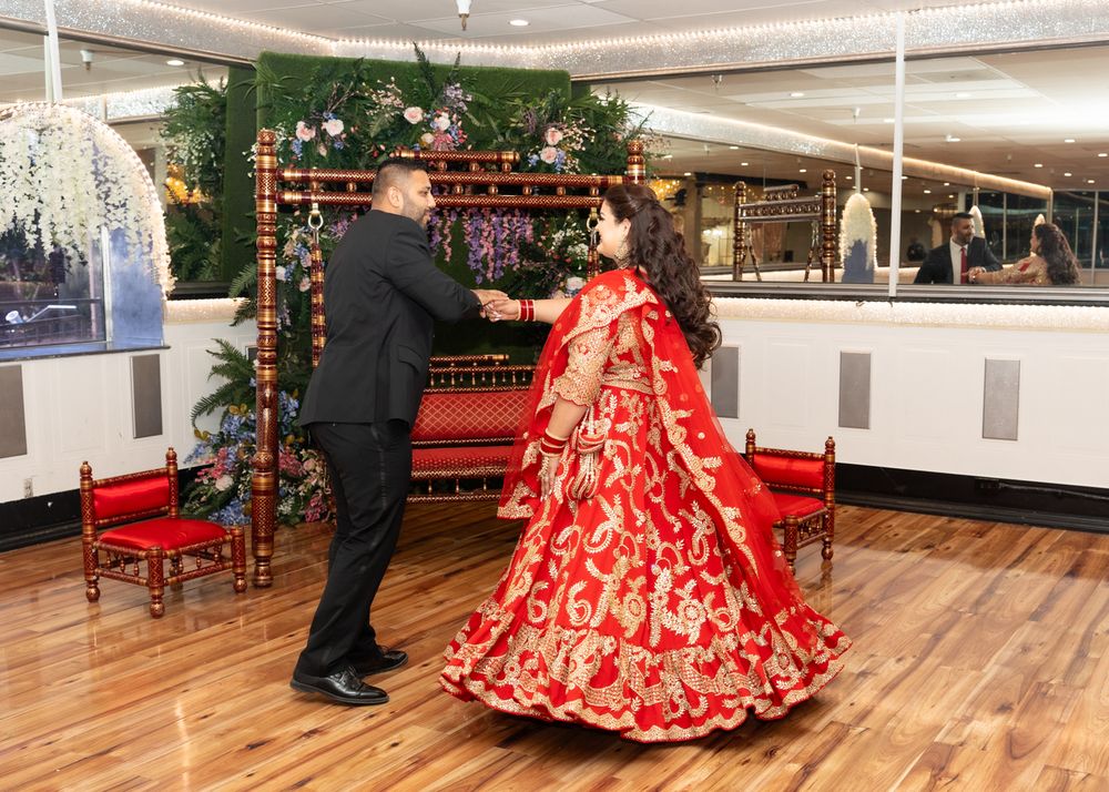 A sequence of dance floor images featuring a flowing red ball gown during what appears to be a quinceañera celebration.