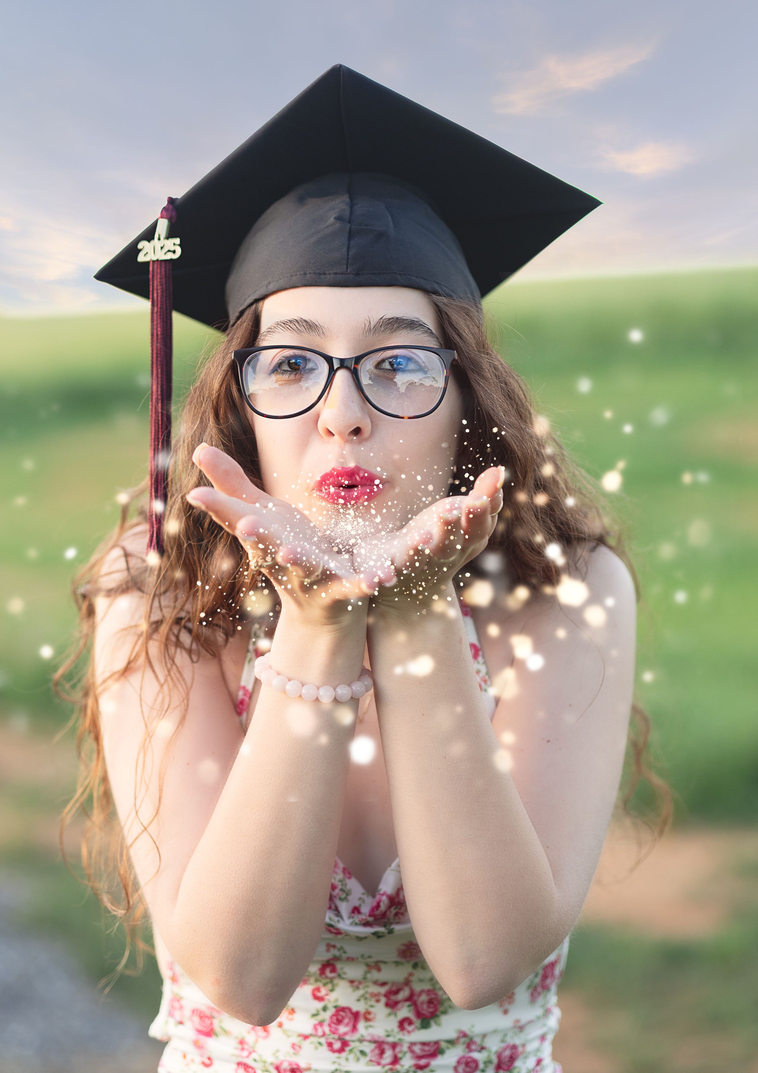 Graduate in cap and gown blows glitter while lying on grass during sunny outdoor graduation photoshoot.
