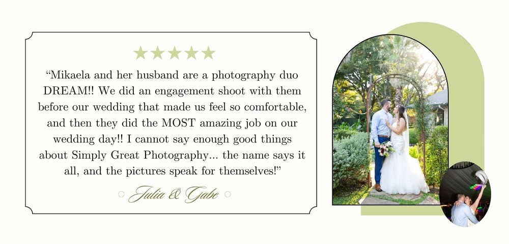 "Mikaela and her husband are a photography duo DREAM! I can't say enough good things about Simply Great Photography."