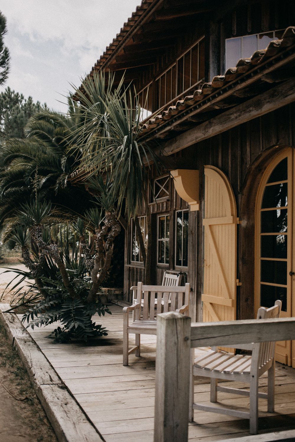 Wooden beach cottage with arched doors, palm trees, and a cozy wooden deck with white benches.