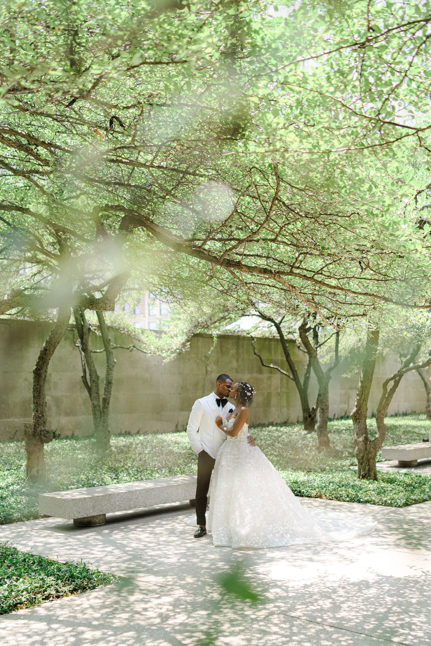 Dreamy wedding photo through spring branches with couple embracing.