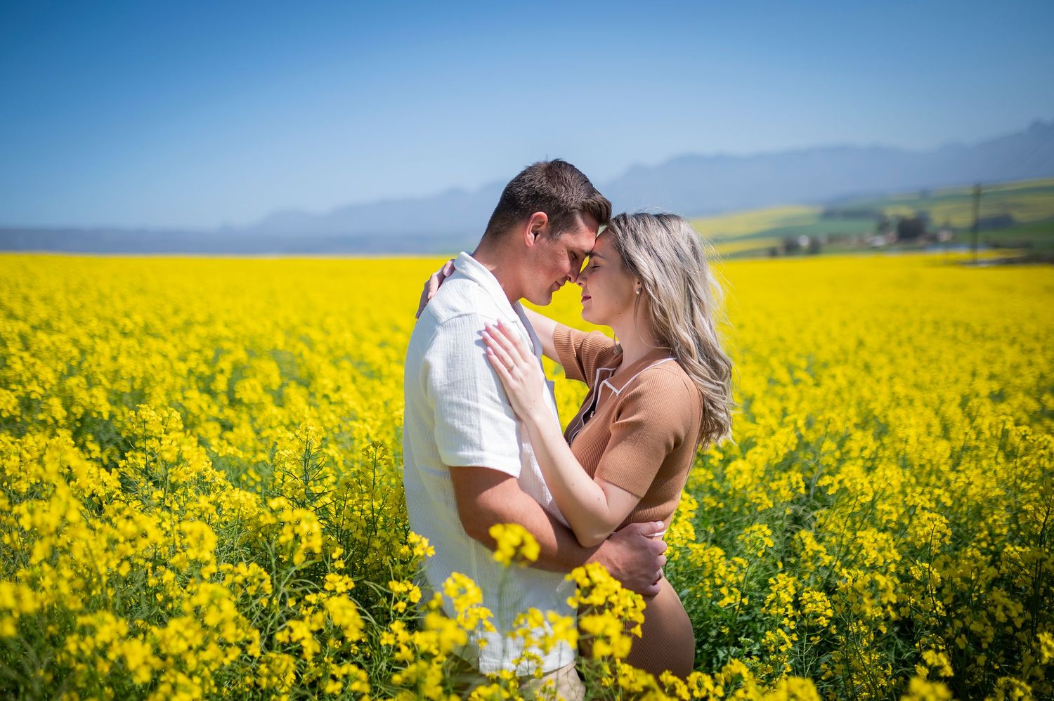 A couple shares intimate moments in a blooming yellow canola field on a sunny day with mountains in the background.
