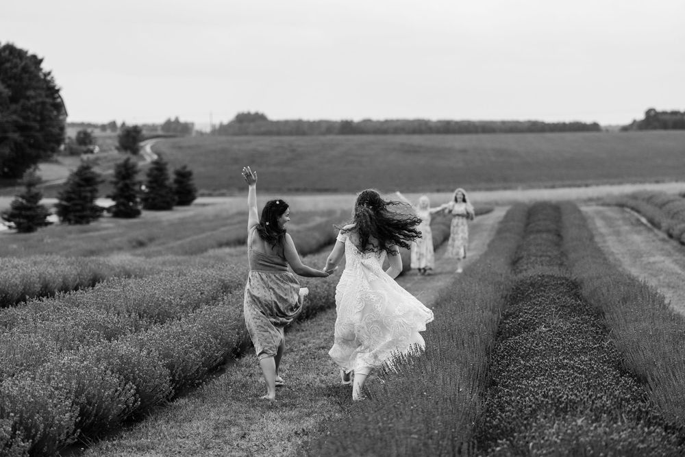 Two people in white dresses walk through a blooming purple lavender field on a sunny summer day.