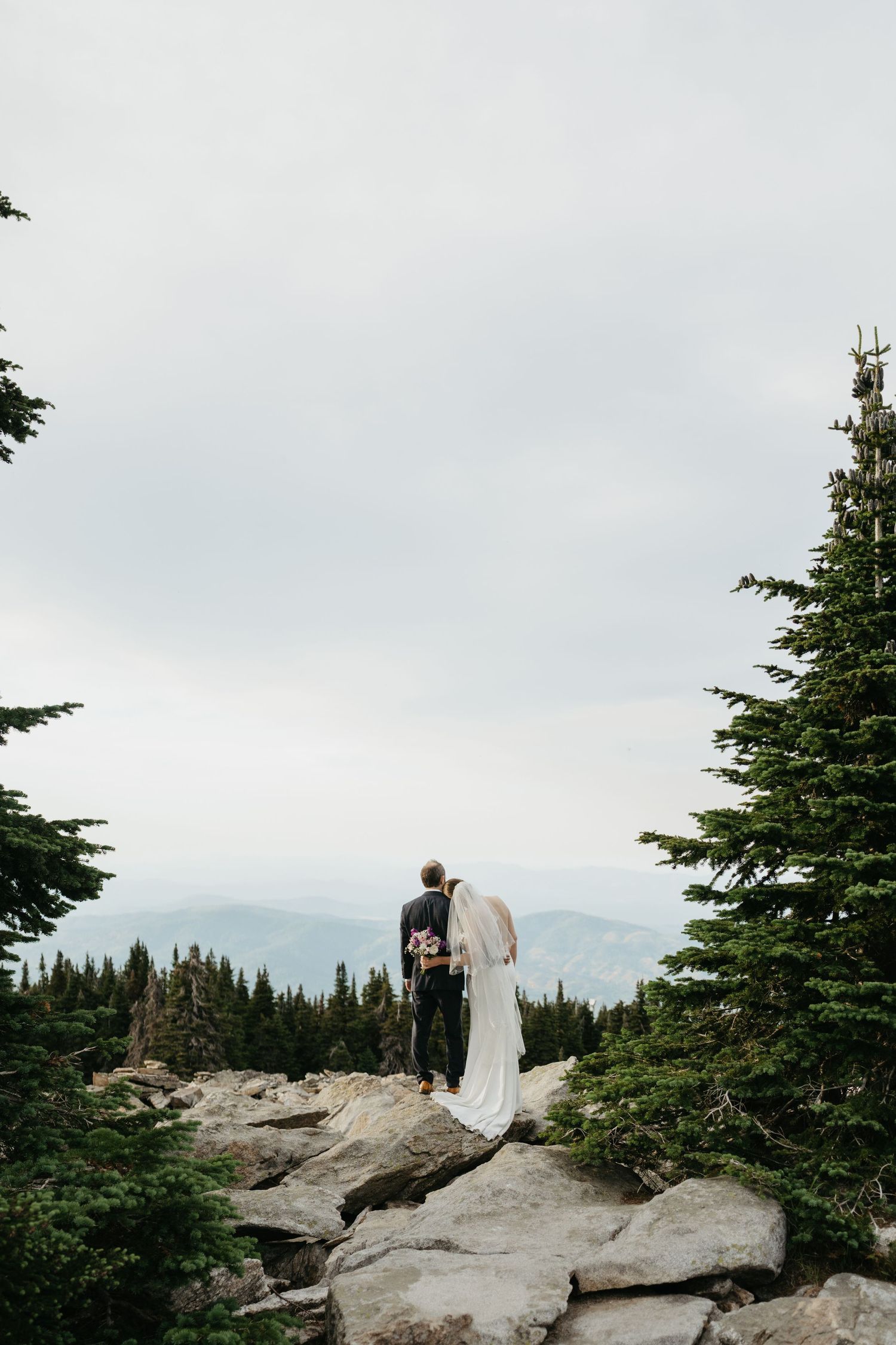 A scenic forest wedding photoshoot with sunlight streaming through tall evergreen trees along a mountain trail.