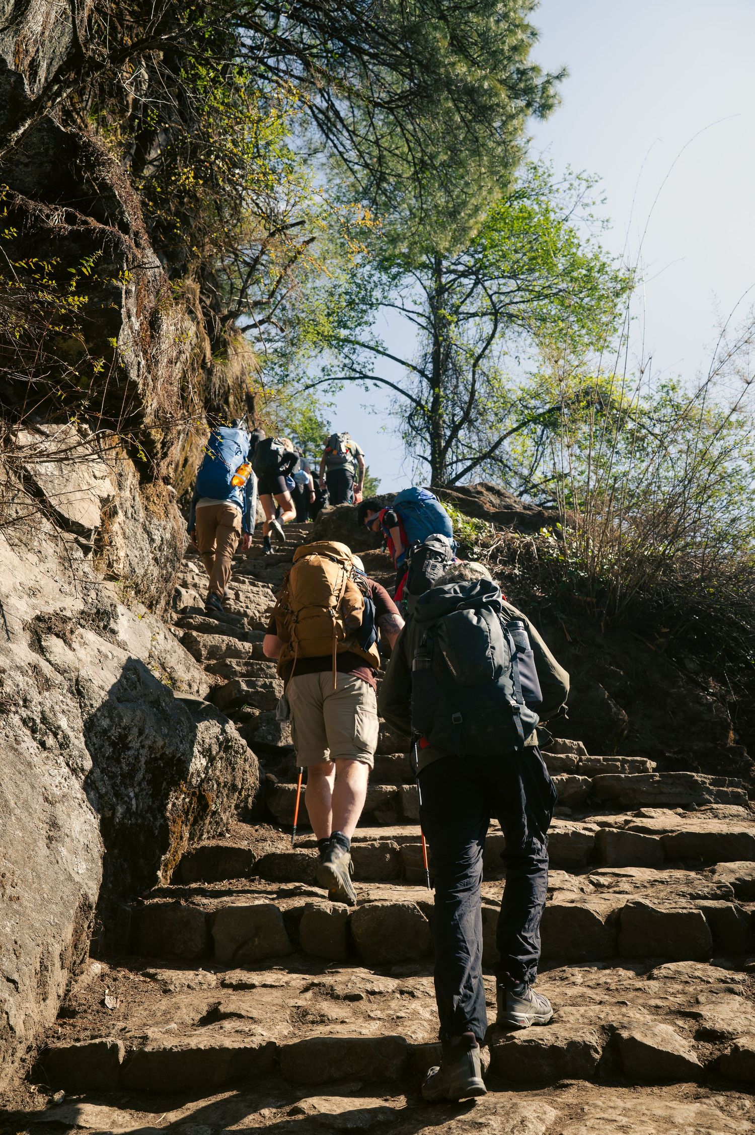 Hikers with backpacks ascending rocky trail steps along mountainous terrain.