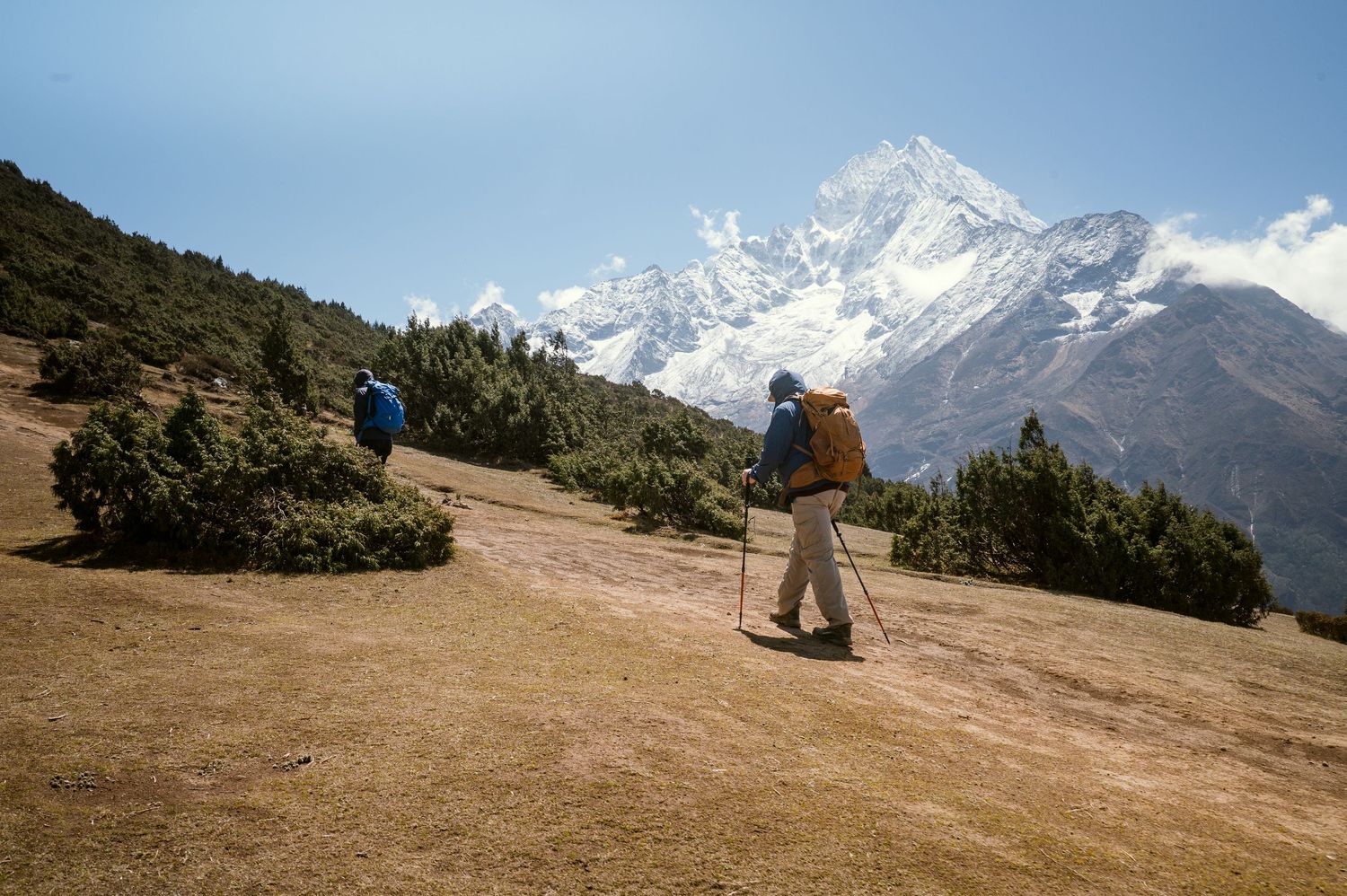 Dramatic view of snow-capped mountains in the Himalayas with rugged terrain and clear blue skies in the background.