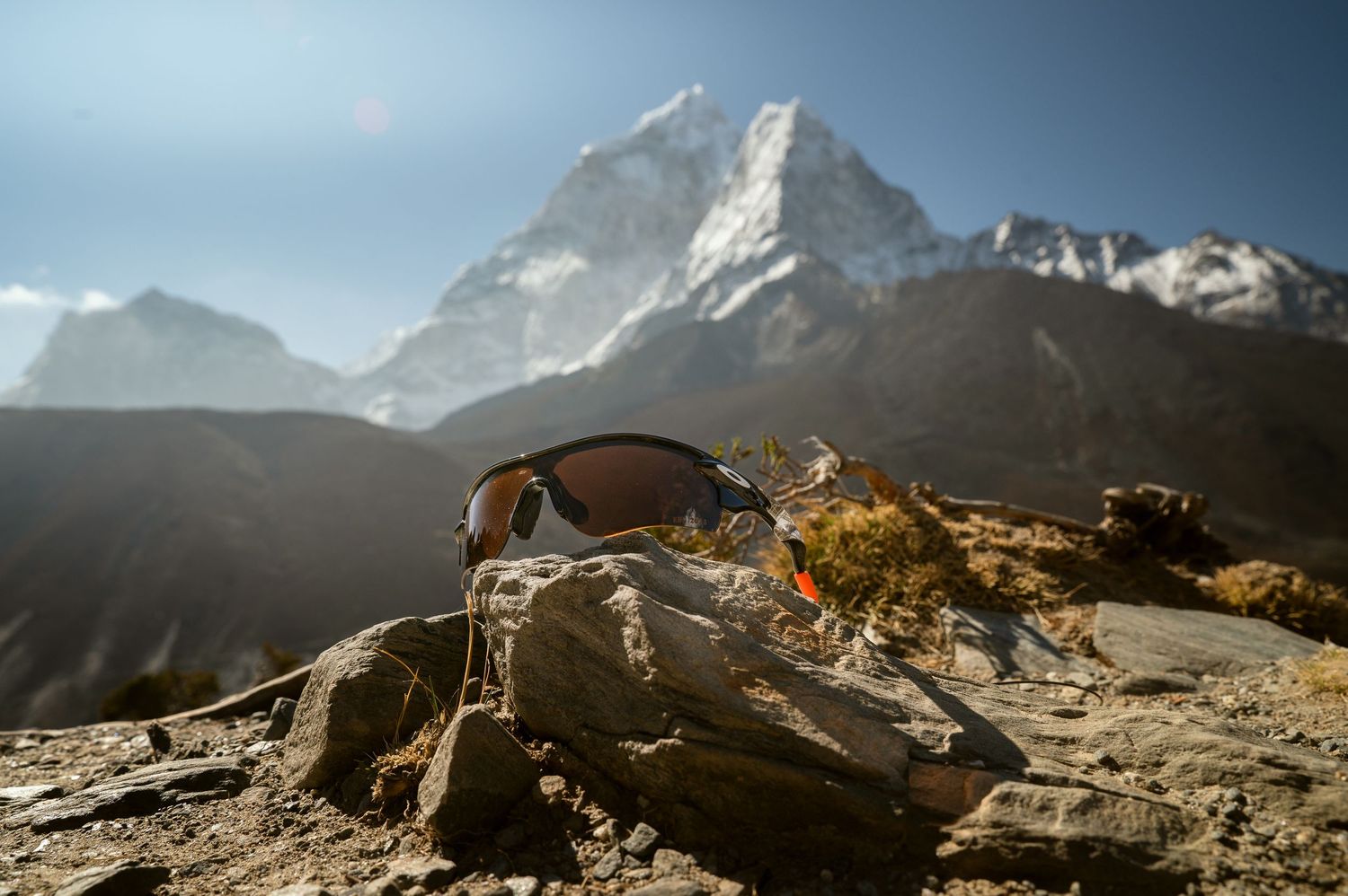 A marmot perches on craggy mountain rocks with snowy peaks in the background under a blue sky.