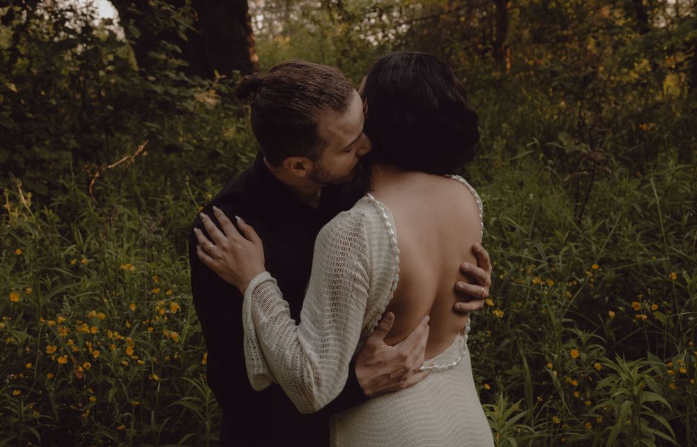 Bride and groom hugging in nature. Spiritual elopement in Markham, Ontario.
