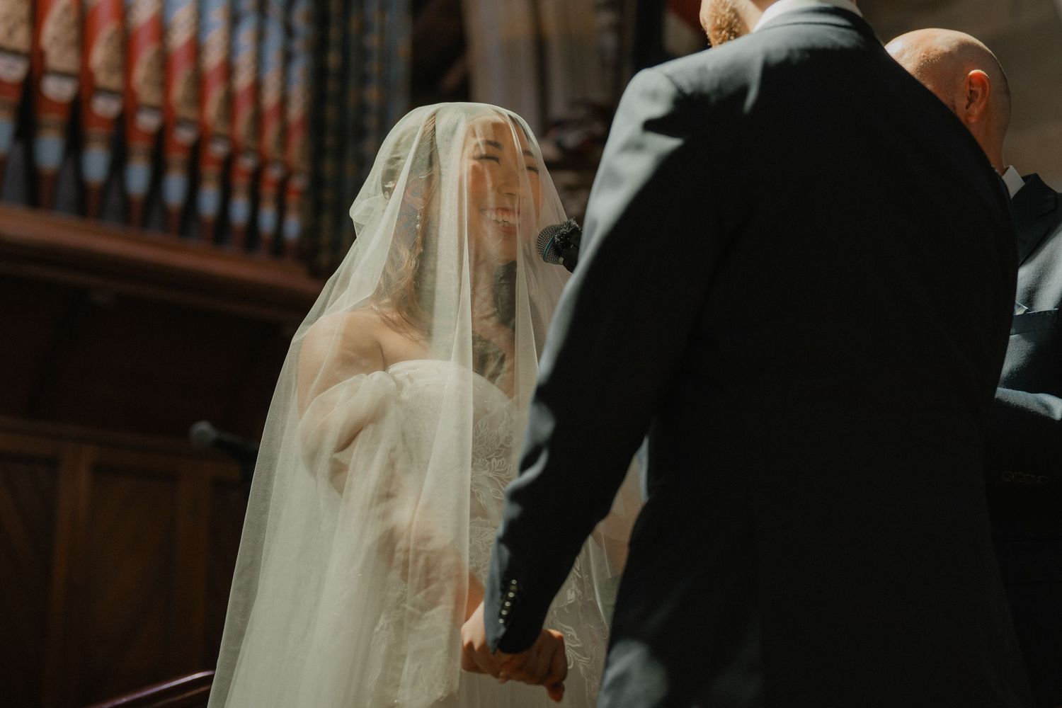 Traditional Catholic wedding ceremony inside an ornate church showing five moments during the marriage ritual.