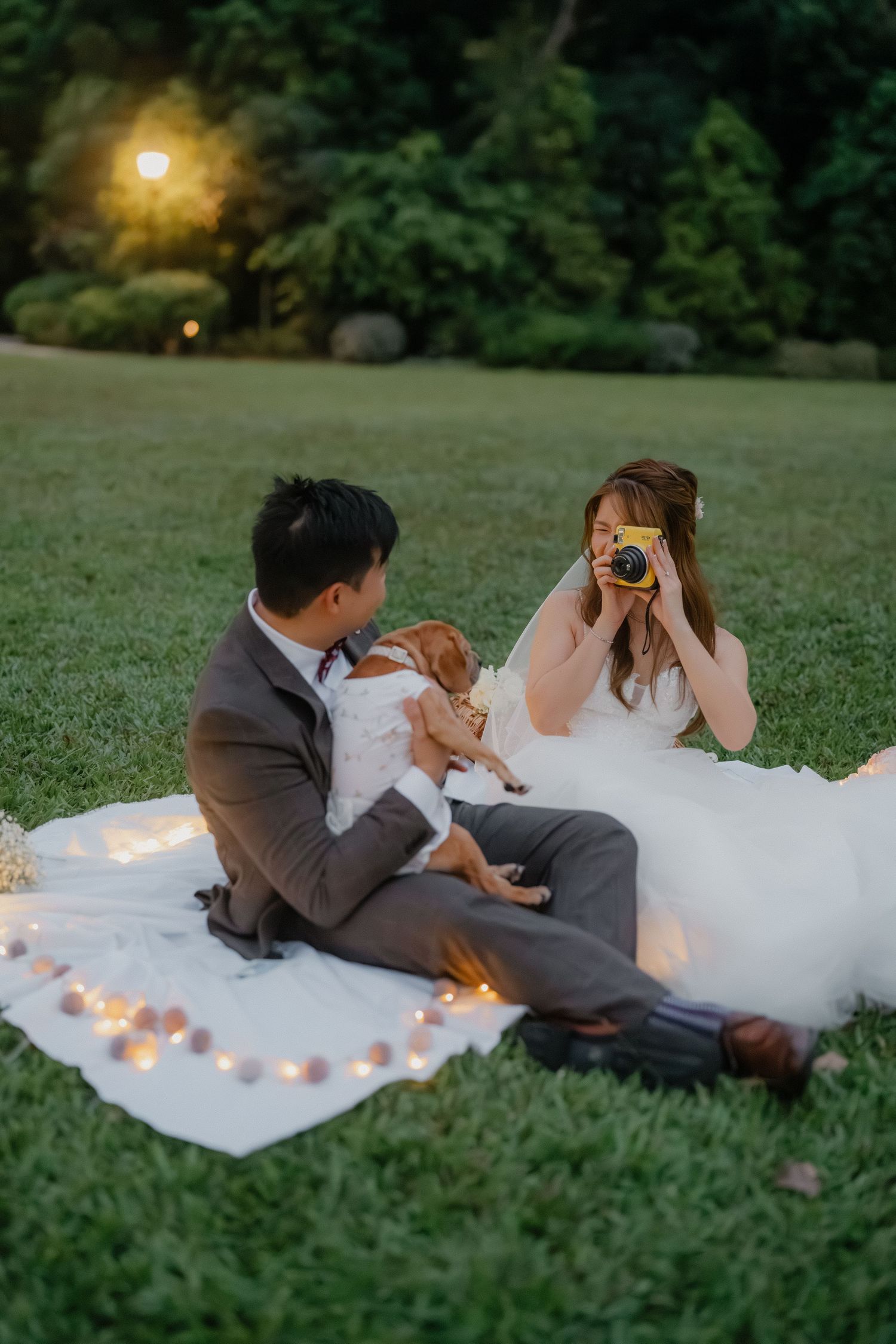 A couple in wedding attire sits on a blanket at dusk with their dog while taking photos.