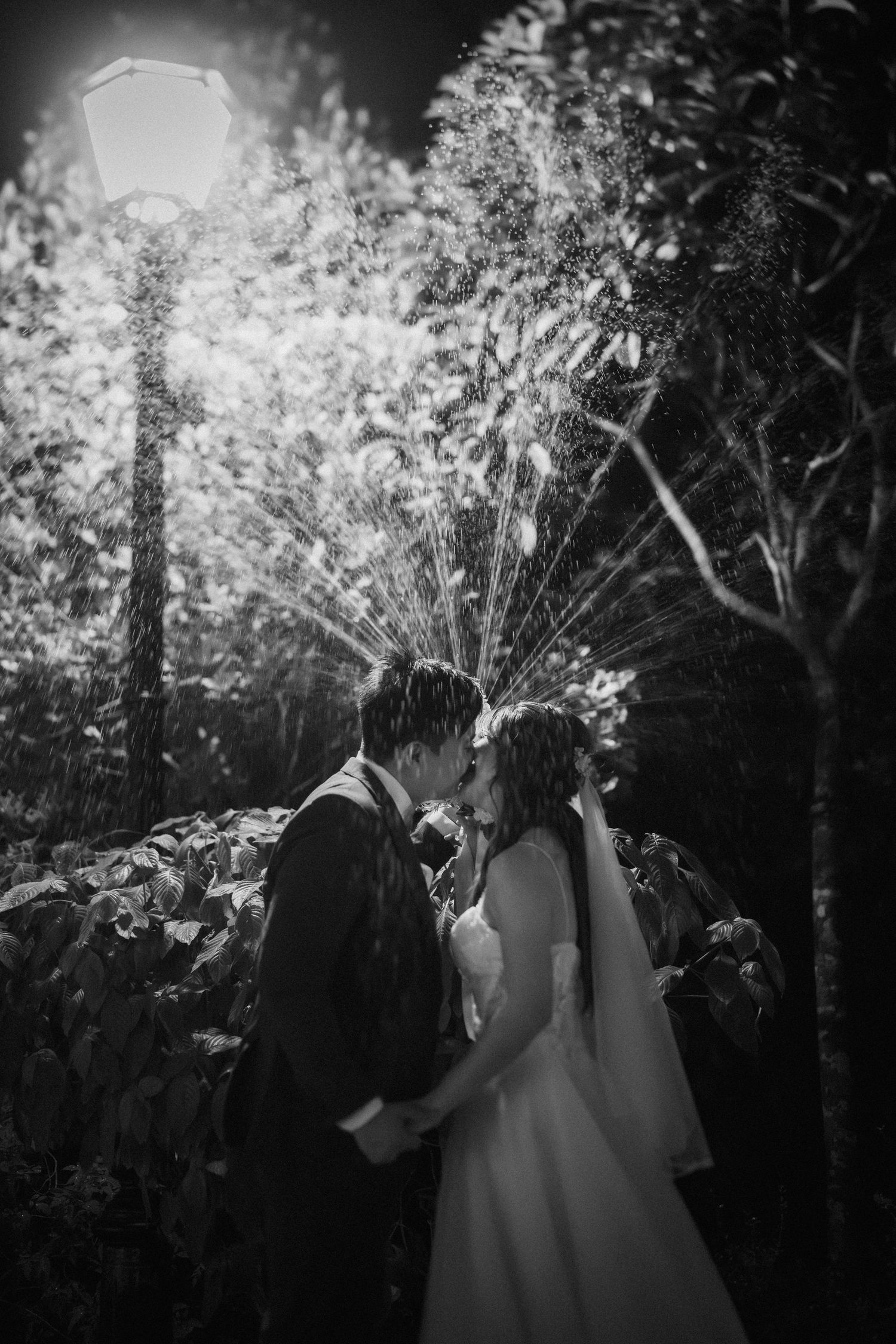 A romantic black and white wedding photograph showing a couple kissing under a lit lamp post in a garden setting.