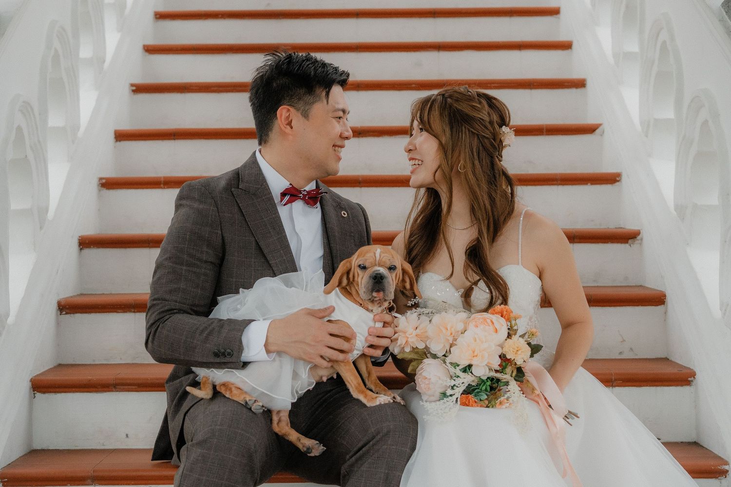A couple on white stairs in wedding attire share a loving moment with their small dog on their special day.