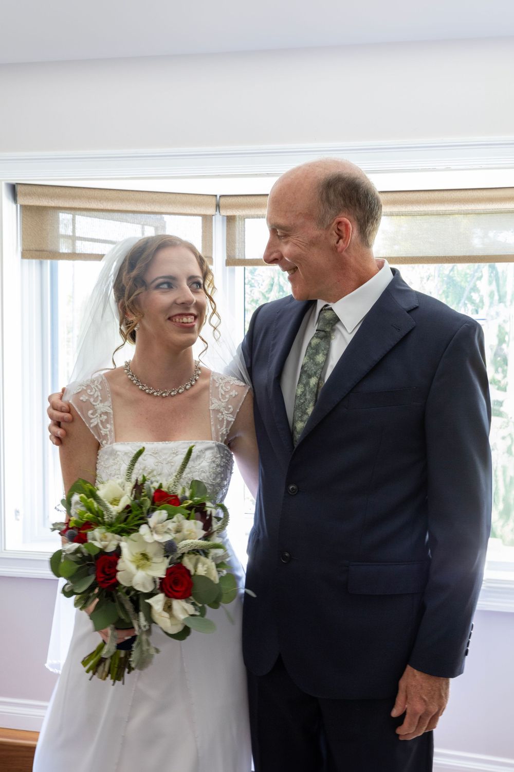 A bride and her father looking at one another after their first look.