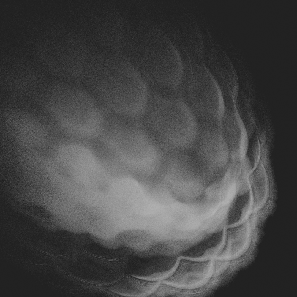 Abstract black and white swirling pattern with circular bokeh effect creating ethereal cloud-like formations.