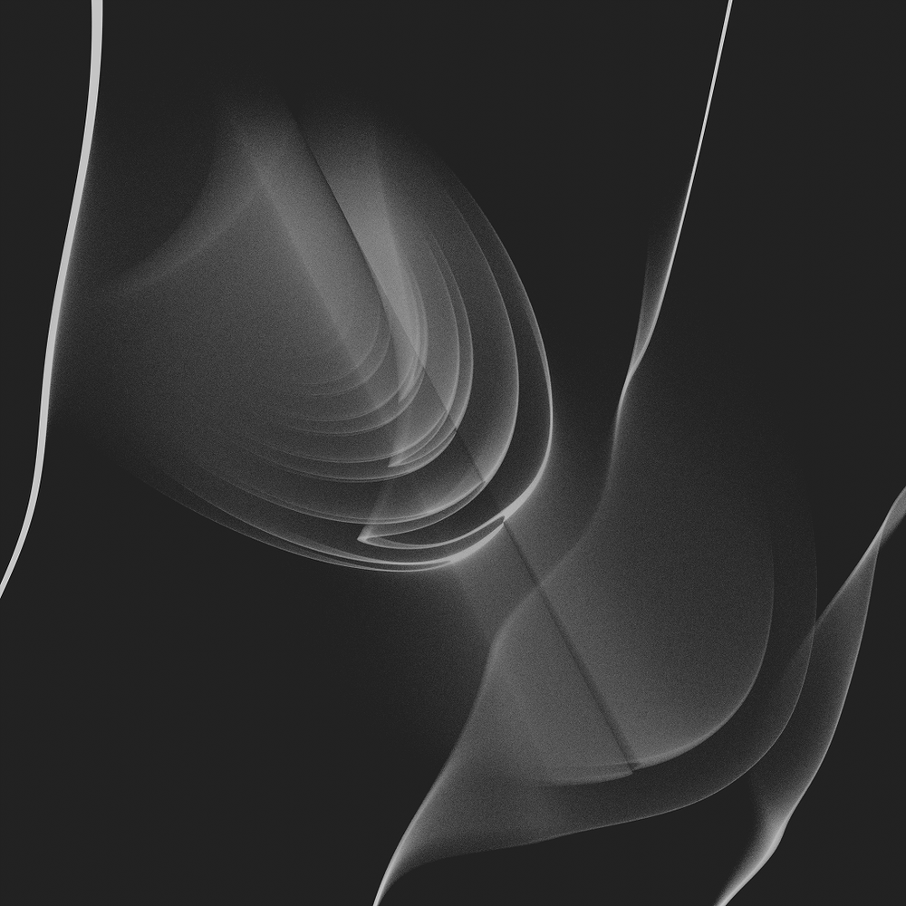Abstract black and white digital art featuring smooth, curved lines creating flowing wave-like patterns against a dark background.