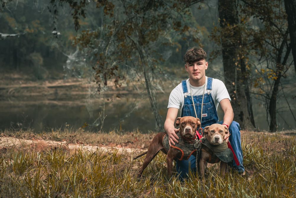 A dog and its companion rest in overalls against an atmospheric autumn forest backdrop.