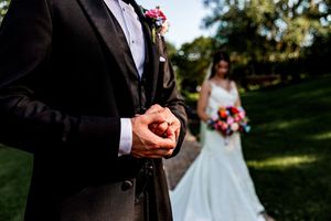 A series of seven wedding photos showing formal attire and celebratory moments outdoors in a garden setting.