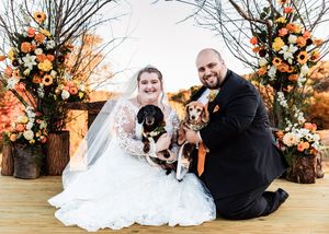 A wedding photoshoot layout showing multiple elegant poses against a rustic floral backdrop at an indoor venue.