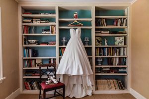 A white wedding dress hangs from a built-in bookshelf with turquoise backing, surrounded by books and a small chair.