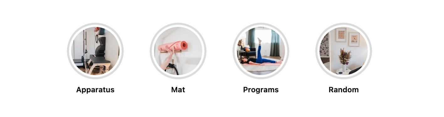 Four small circular product category icons show silhouettes for apparatus, mist, progress, and random features.
