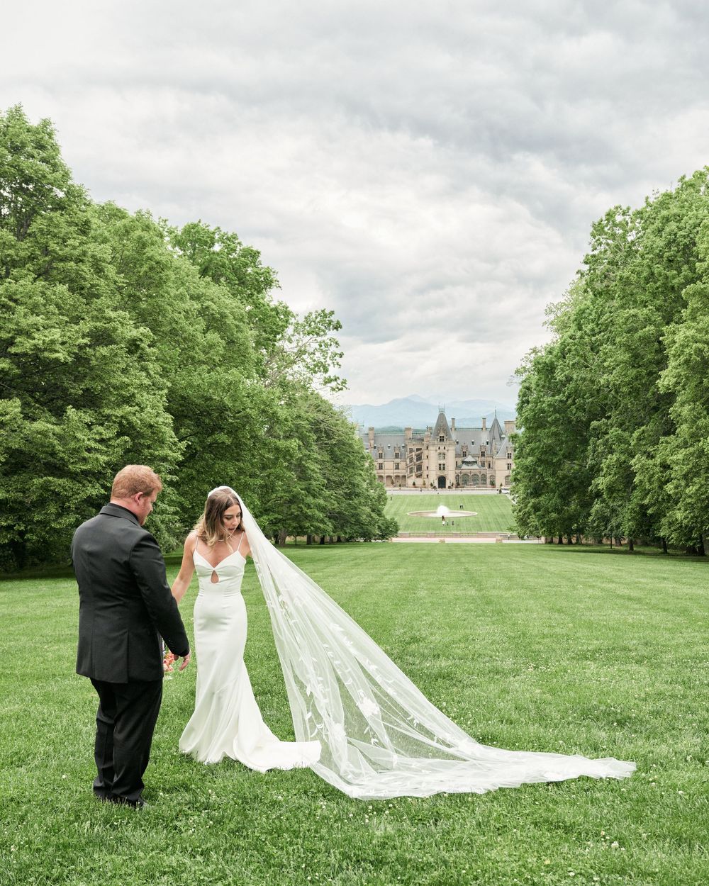 A romantic wedding scene unfolds across multiple frames showing a flowing veil billowing in the wind on a lush green lawn.