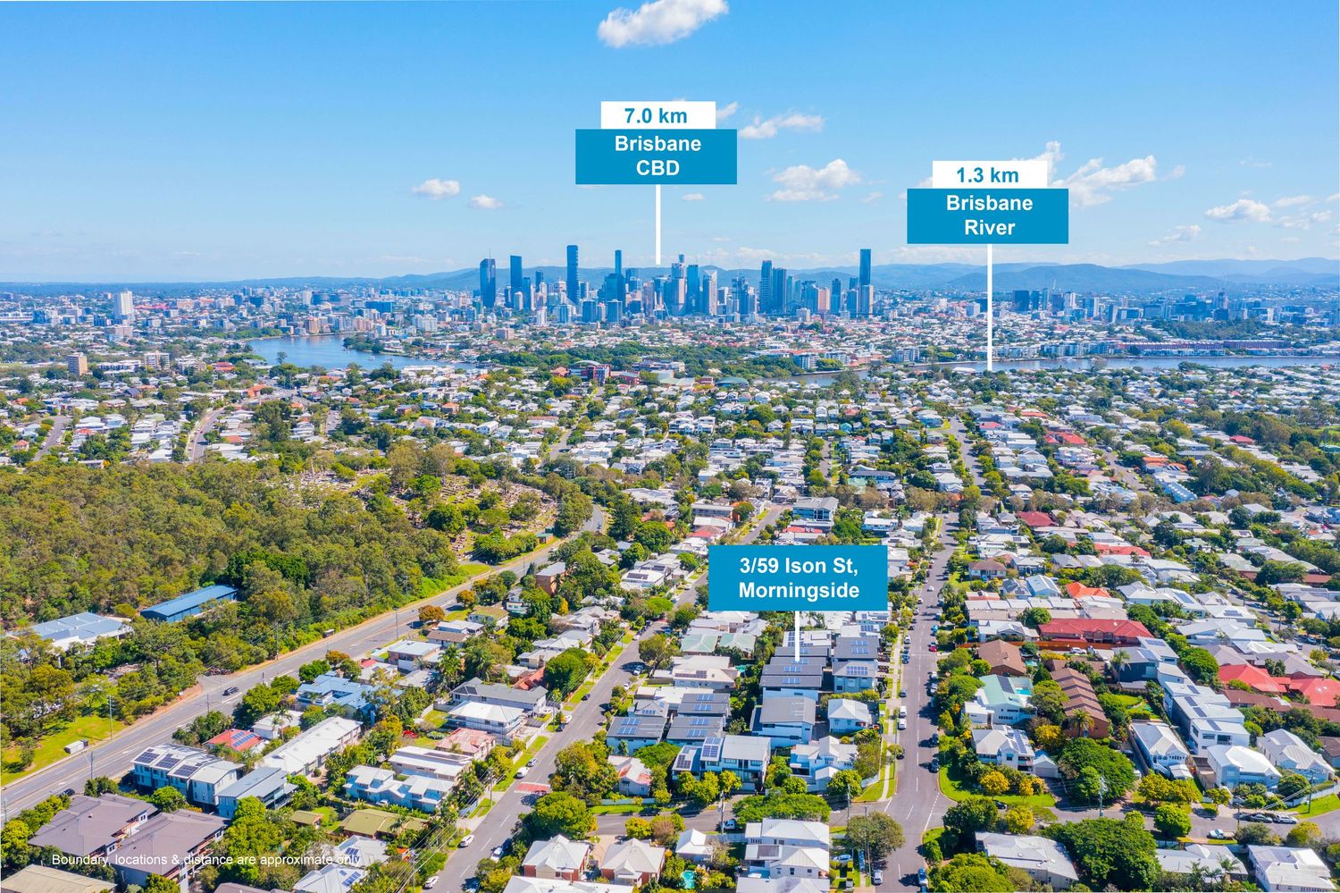 Aerial view of Morningside suburb showing 7.6km distance to Brisbane CBD and 1.2km to Brisbane River.