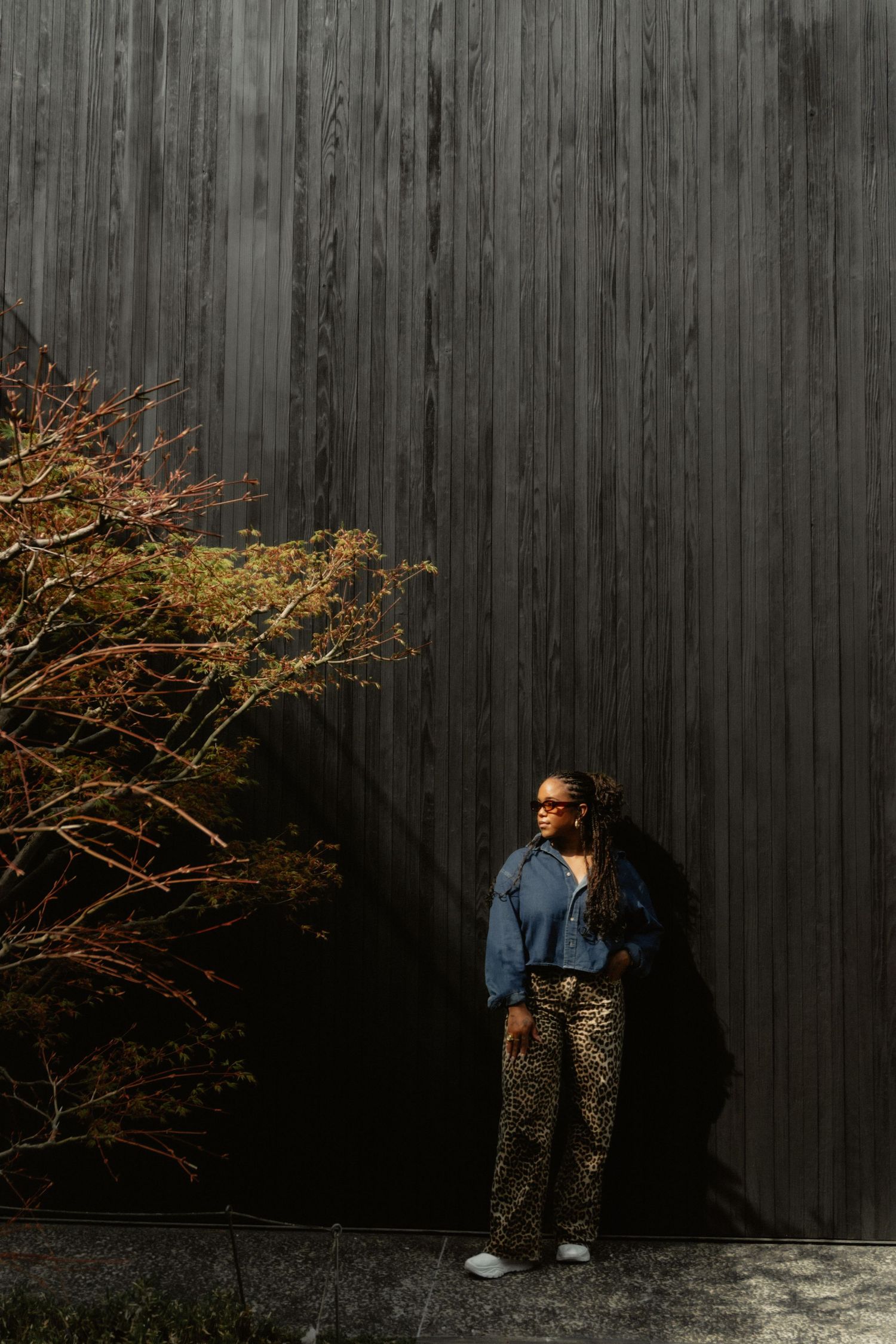 A figure in patterned pants sits against a dark wooden wall with autumn branches visible in the frame.