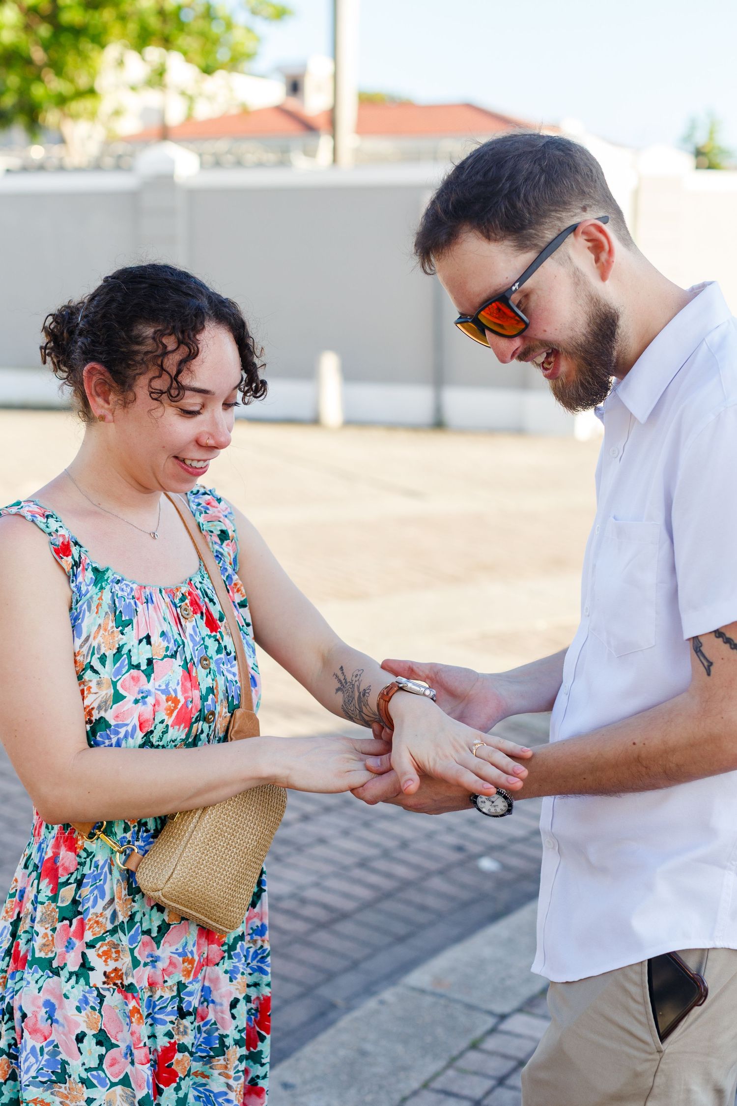 Couples portrait. Marriage proposal at Fuente Raíces in Old San Juan, Puerto Rico.