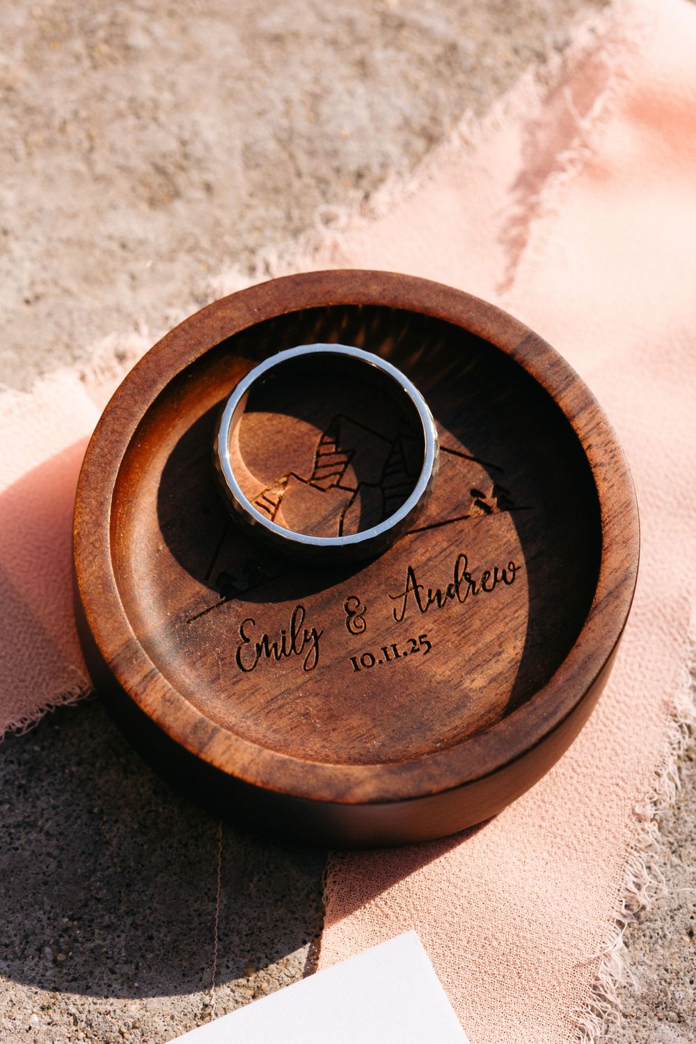 Wooden ring dish with engraved names and date shown in sequential photos.