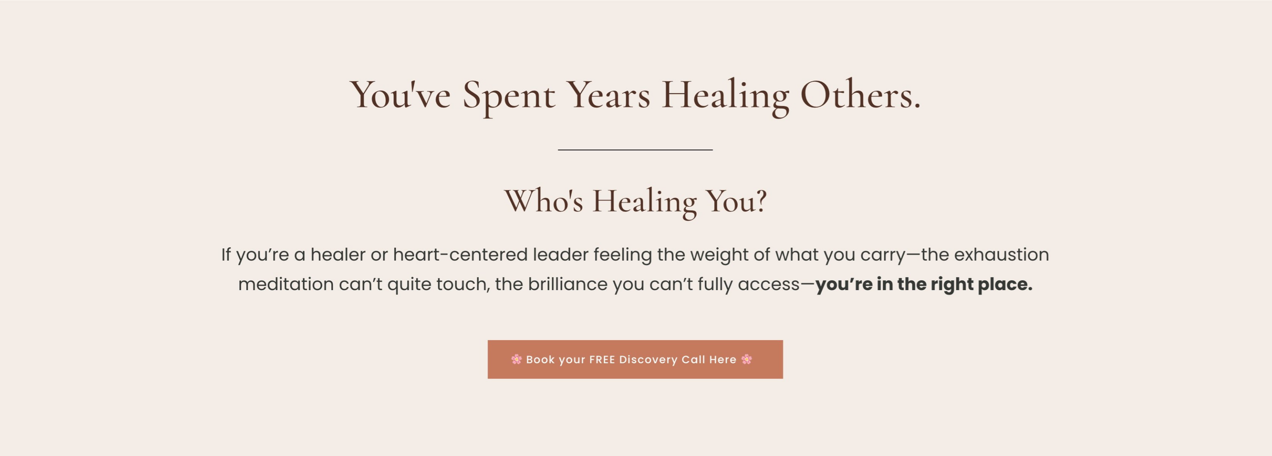 Minimalist website header design with soft beige background and brown text asking about healing and self-care.