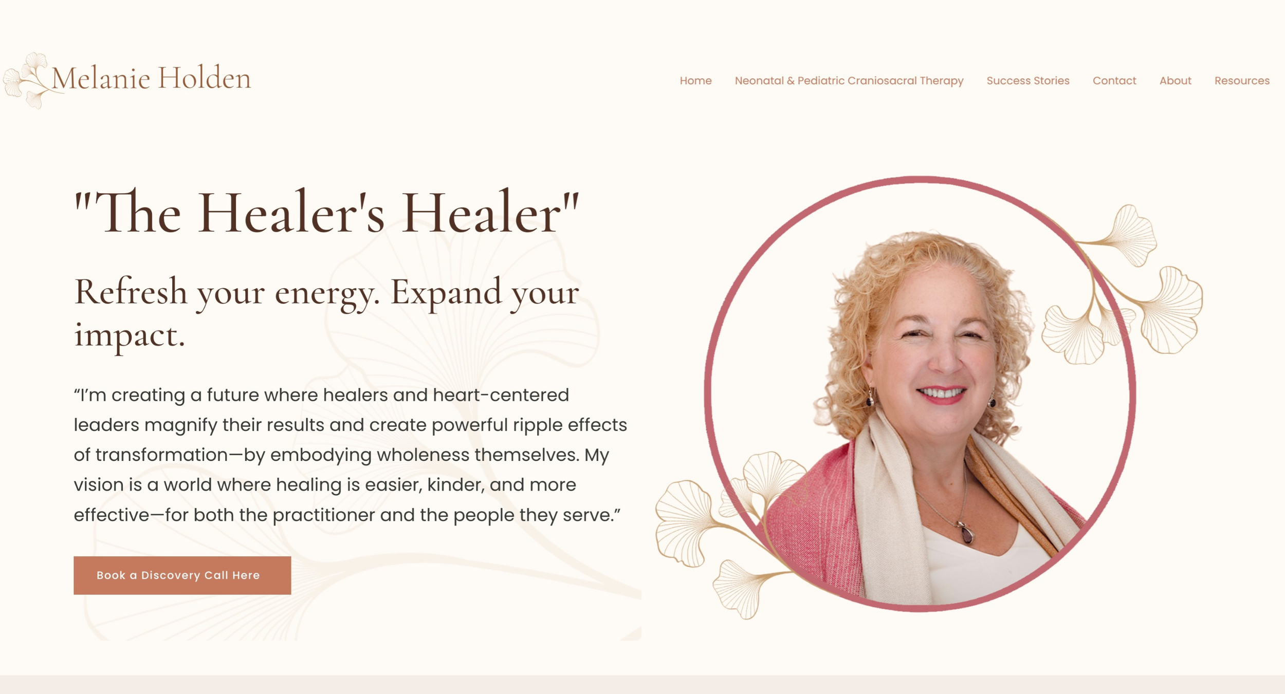 Website header banner design with soft pink accents and circular photo element on white background.