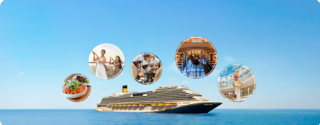 A luxury cruise ship sailing on blue ocean waters with circular inset photos showing onboard amenities and destinations.