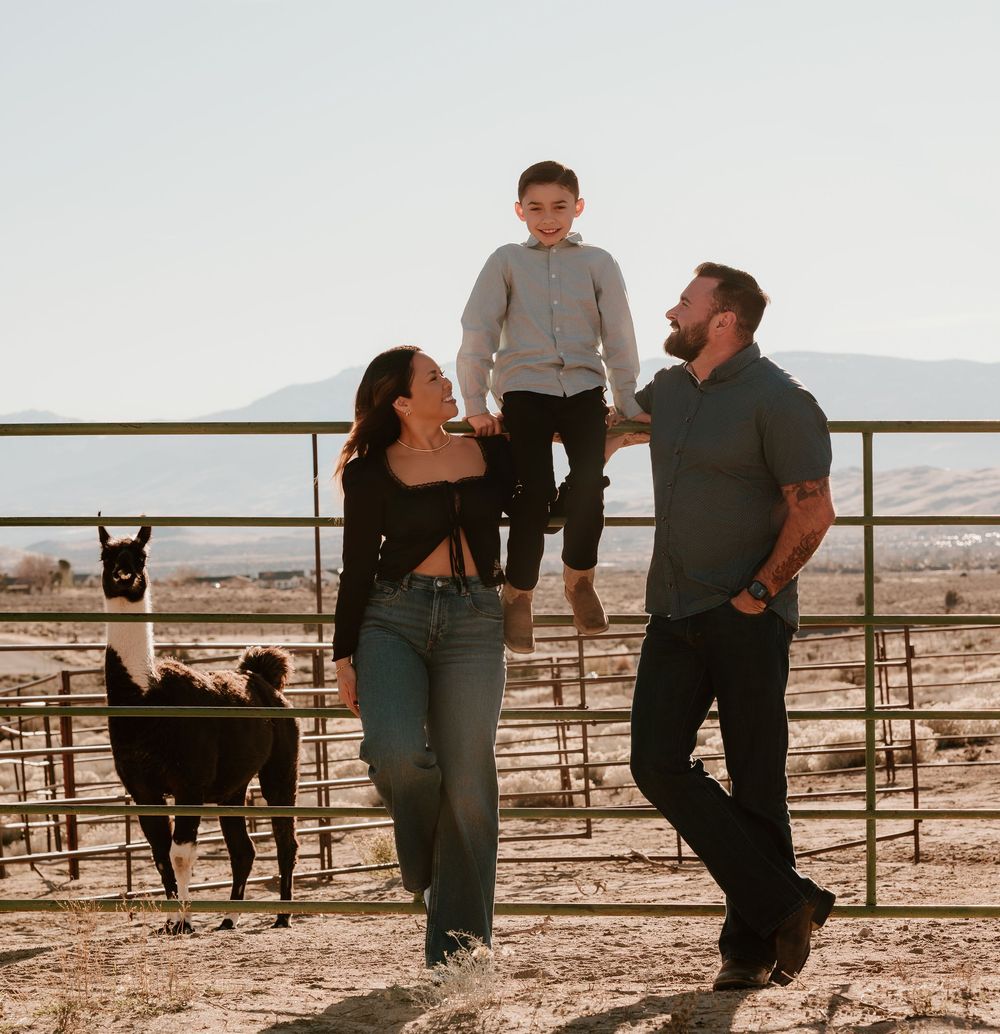 A series of candid engagement photos showing a couple sharing joyful moments on a rustic ranch with desert views.