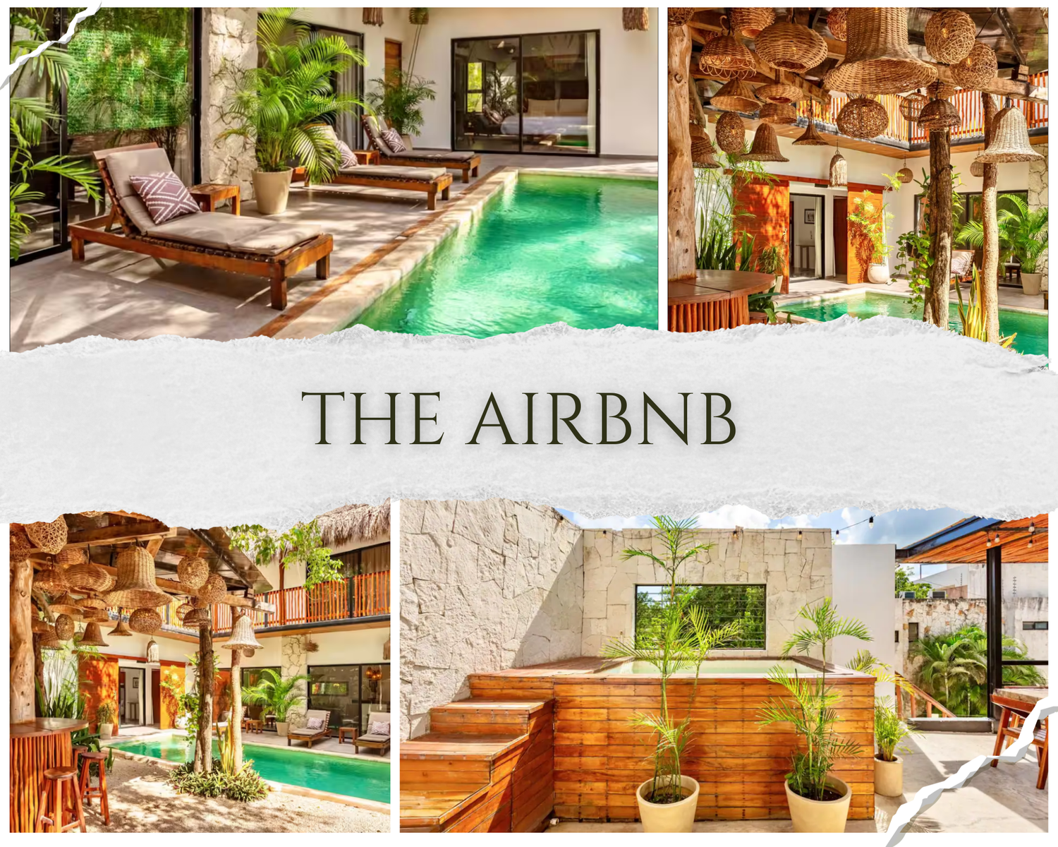 A tropical villa rental property showcases multiple views of luxurious rooms, pool area, and outdoor living spaces.