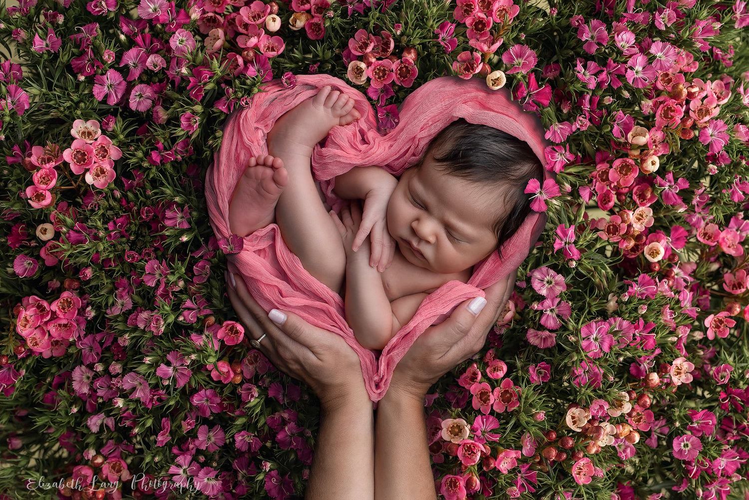 Baby in pink dress lying among vibrant pink azalea flowers in garden setting. Elizabeth Lang Photography Surrey