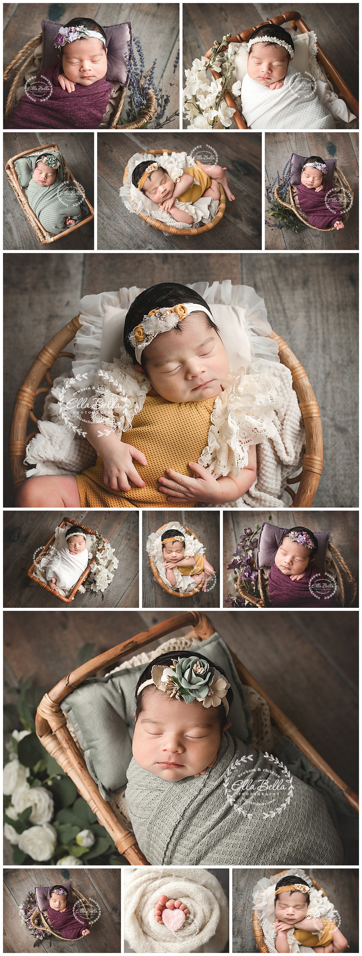 Professional newborn photography session featuring rustic wooden props, soft textiles, and muted earth-tone colors.