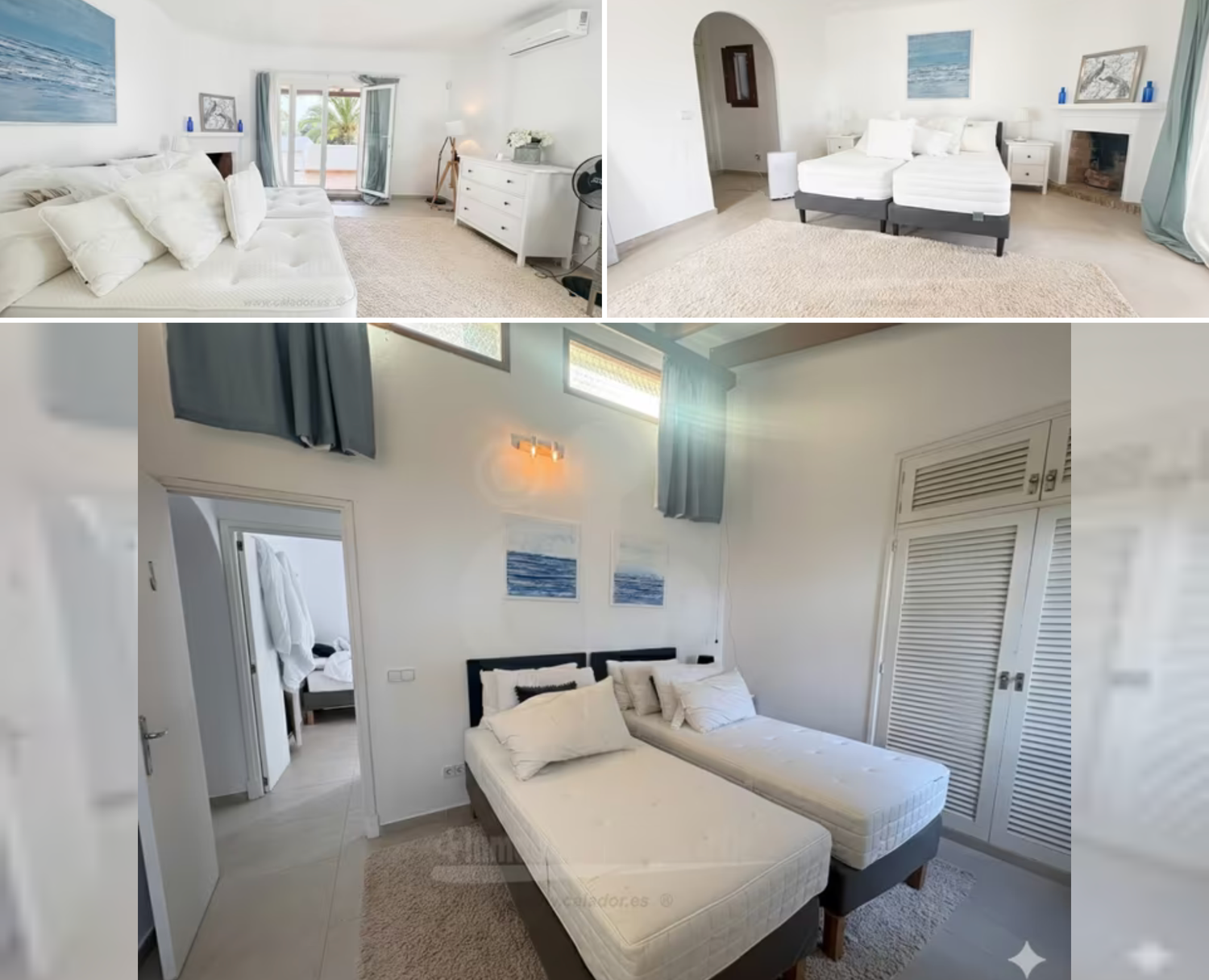A series of interior home photos showing white walls, wooden doors, and windows in a hallway or room setting.