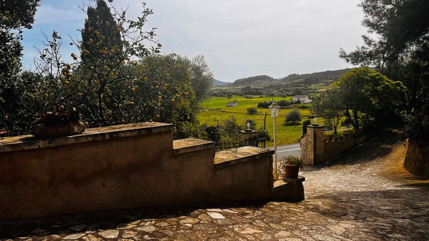 Stone pathway leading to lush green fields and rolling hills under bright sunlight in a scenic rural landscape.