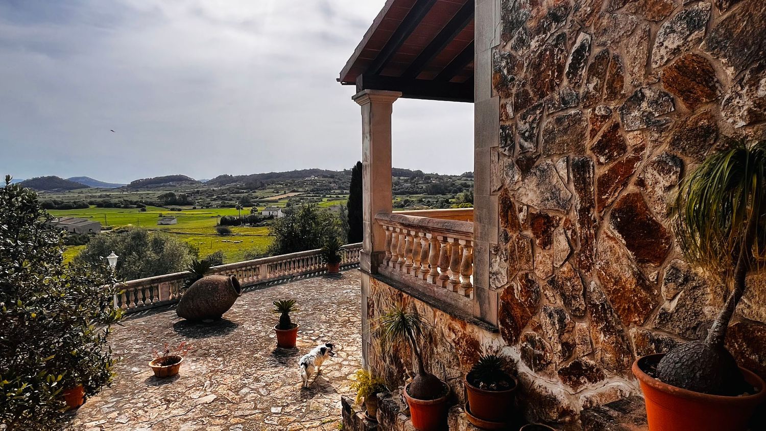 Stone villa terrace with panoramic views of green hills and valleys, featuring potted plants and rustic balustrade.