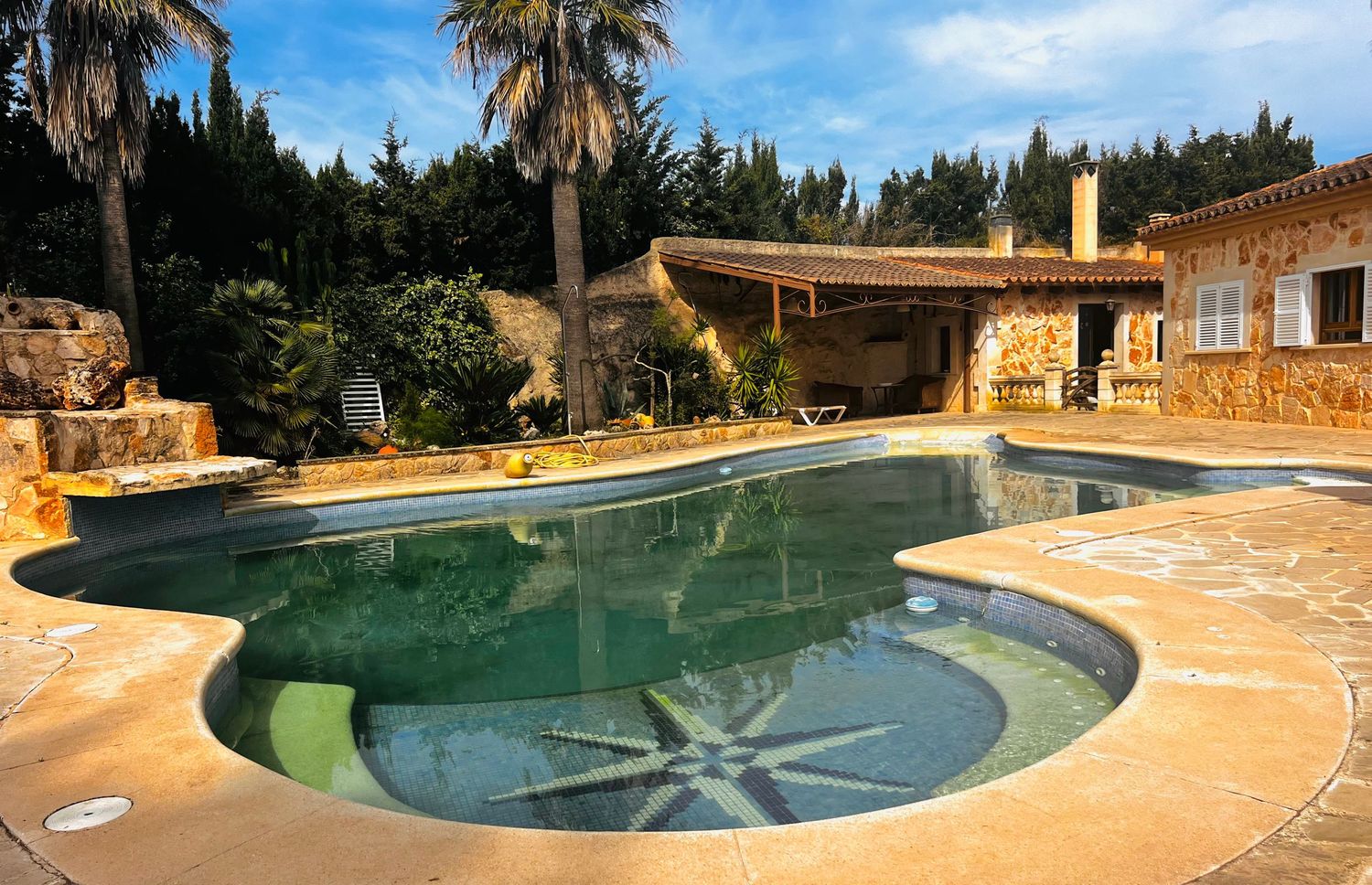 Rustic stone villa with a freeform swimming pool surrounded by palm trees and lush greenery under a clear blue sky.