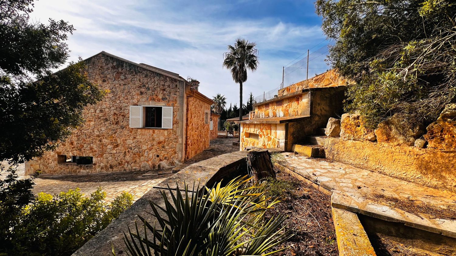 Rustic stone buildings with a palm tree in a sunny Mediterranean village landscape.