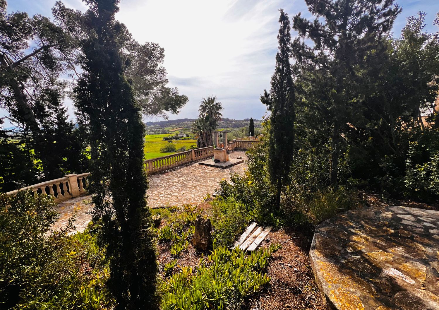 Scenic Mediterranean garden with cypress trees, stone terrace, and green fields under a bright sky.