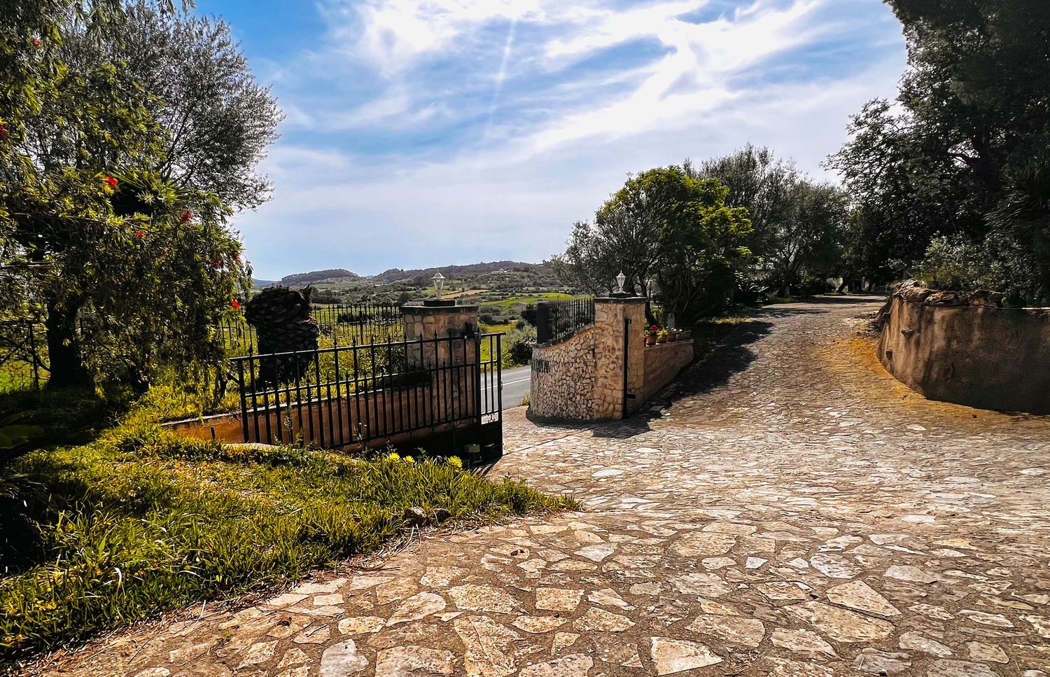Stone-paved driveway leads to an open iron gate surrounded by olive trees and lush greenery under a bright blue sky.