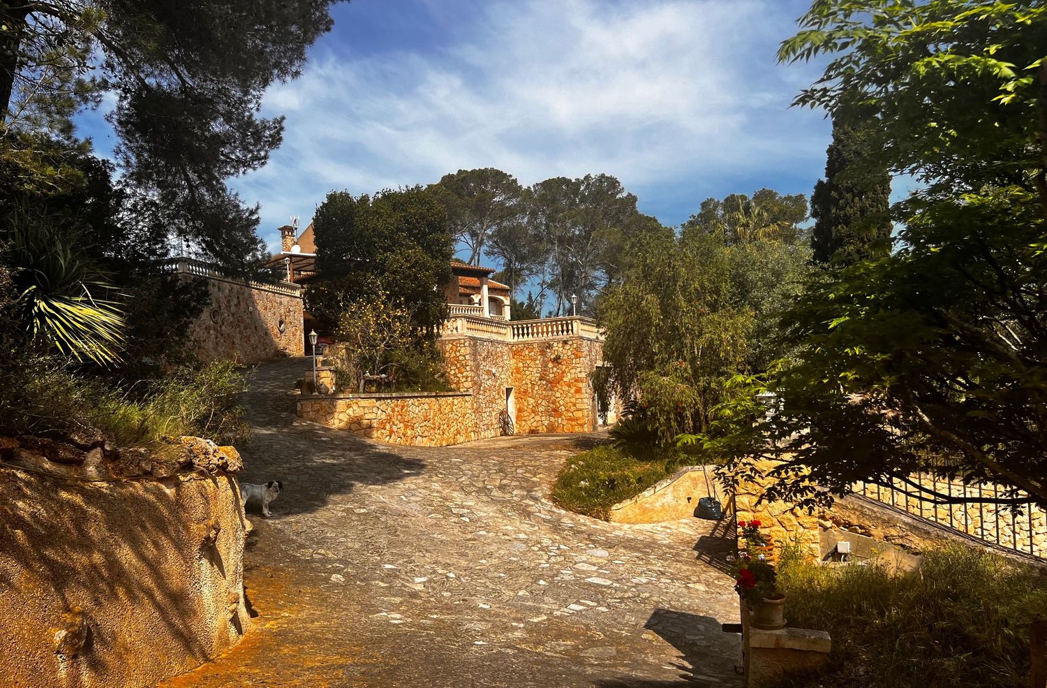 Rustic stone villa with cobblestone path surrounded by lush Mediterranean garden under a bright blue sky.