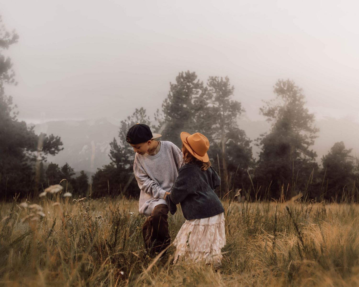 Folk musicians perform together in a golden grass field with mountains in the distance.