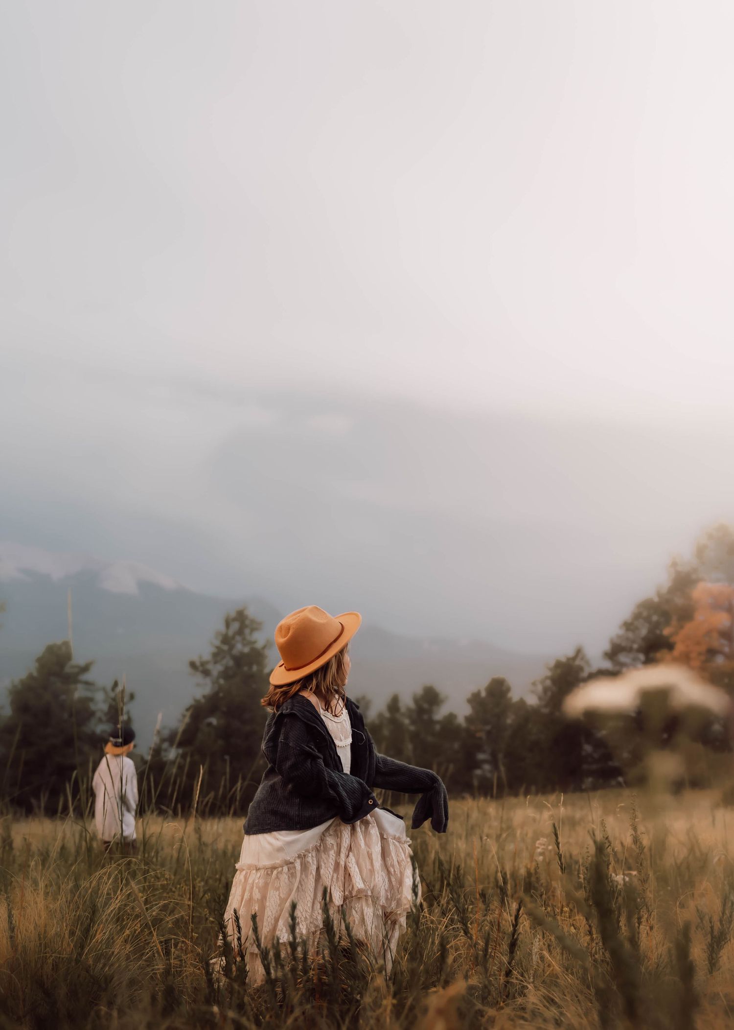 A child in a sunhat is dancing in a serene grassland field at golden hour with her brother nearby.